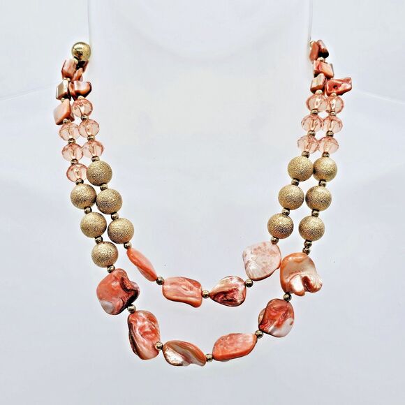 Mother Of Pearl Necklace Coral Double Strand Gold Tone Colorful Statement - Picture 6 of 9